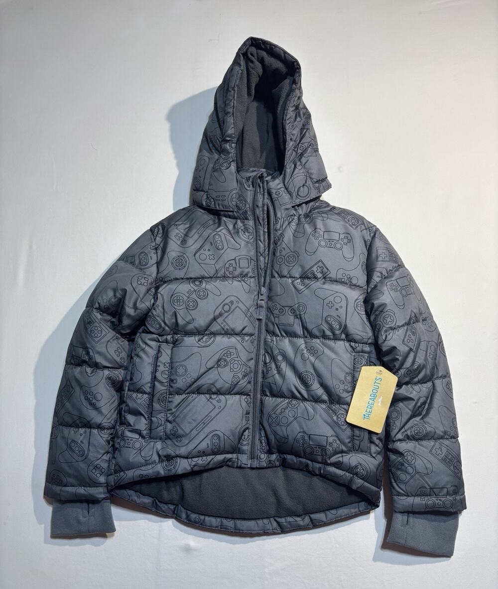 Thereabouts Boys Gray Gaming Hooded Puffer Jacket Coat Size 4/5 NWT